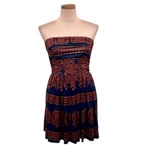 Anthropologie Oxidized Medallions Dress Size XS Navy Blue Orange Strapless